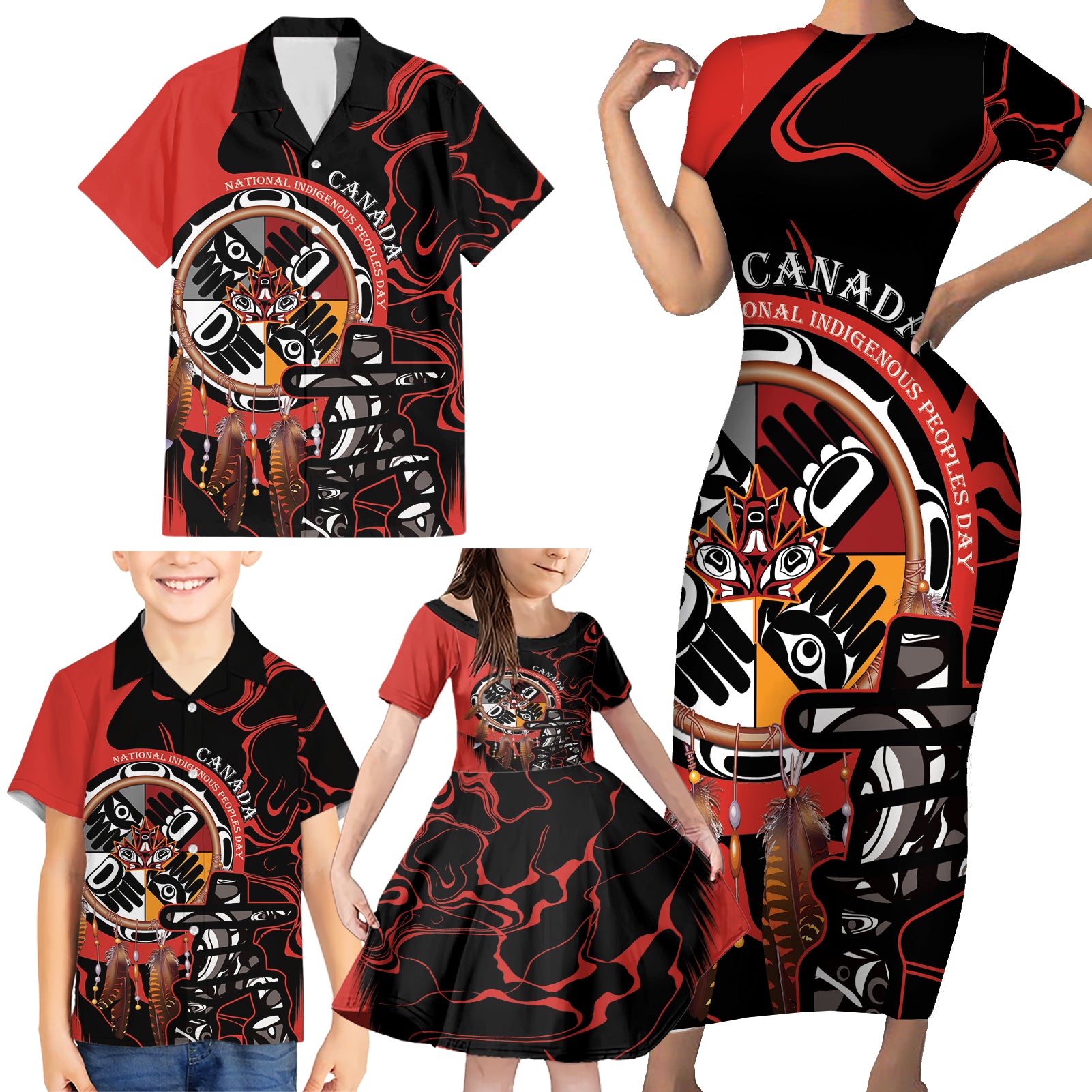 Canada National Aboriginal Day Family Matching Short Sleeve Bodycon Dress and Hawaiian Shirt Indigenous Peoples Inuksuit With Dreamcatcher - Wonder Print Shop