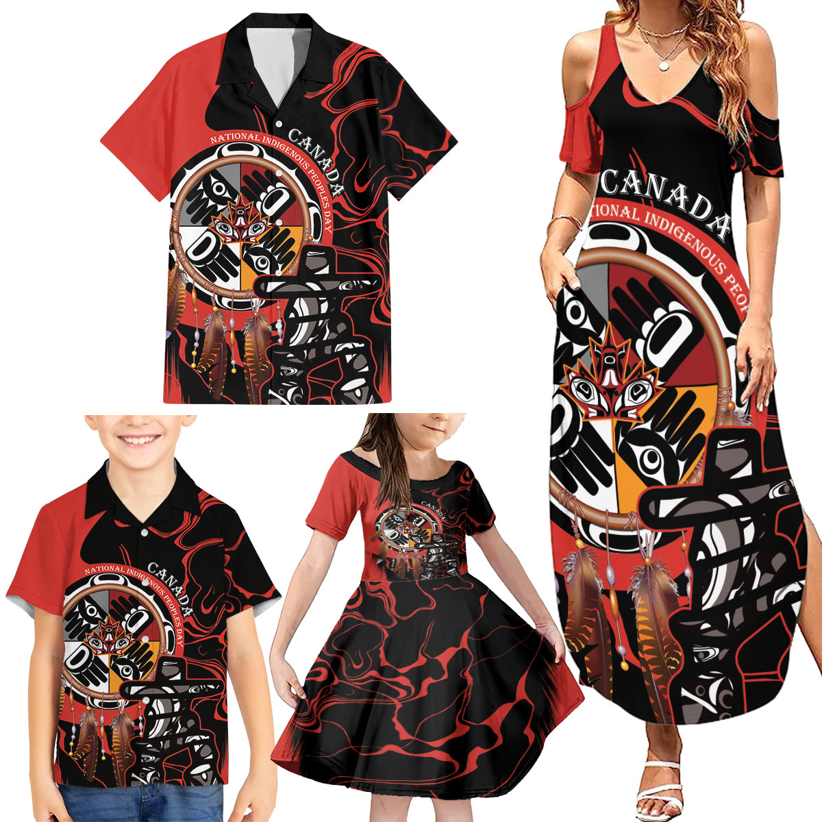 Canada National Aboriginal Day Family Matching Summer Maxi Dress and Hawaiian Shirt Indigenous Peoples Inuksuit With Dreamcatcher - Wonder Print Shop