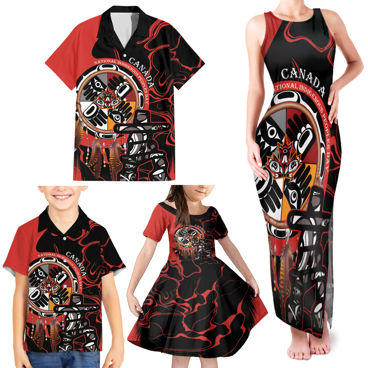 Canada National Aboriginal Day Family Matching Tank Maxi Dress and Hawaiian Shirt Indigenous Peoples Inuksuit With Dreamcatcher - Wonder Print Shop