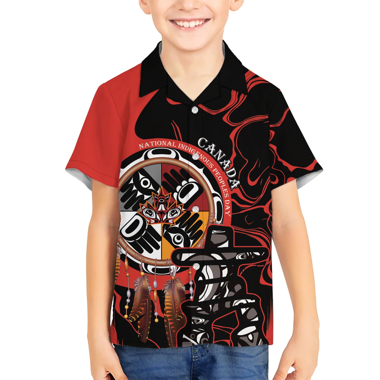 Canada National Aboriginal Day Kid Hawaiian Shirt Indigenous Peoples Inuksuit With Dreamcatcher - Wonder Print Shop