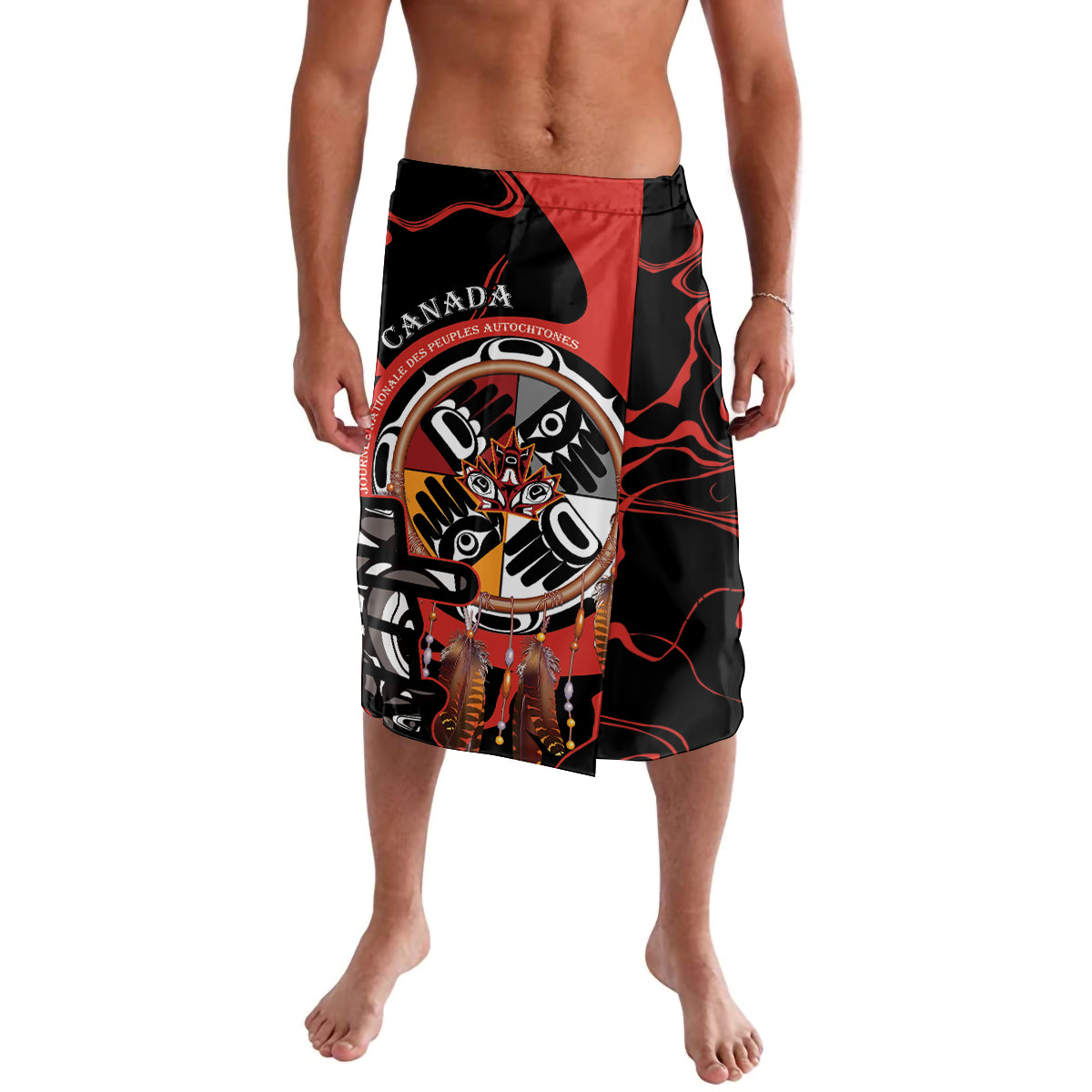 Men's black board shorts with large Canada emblem and red-and-white mask art