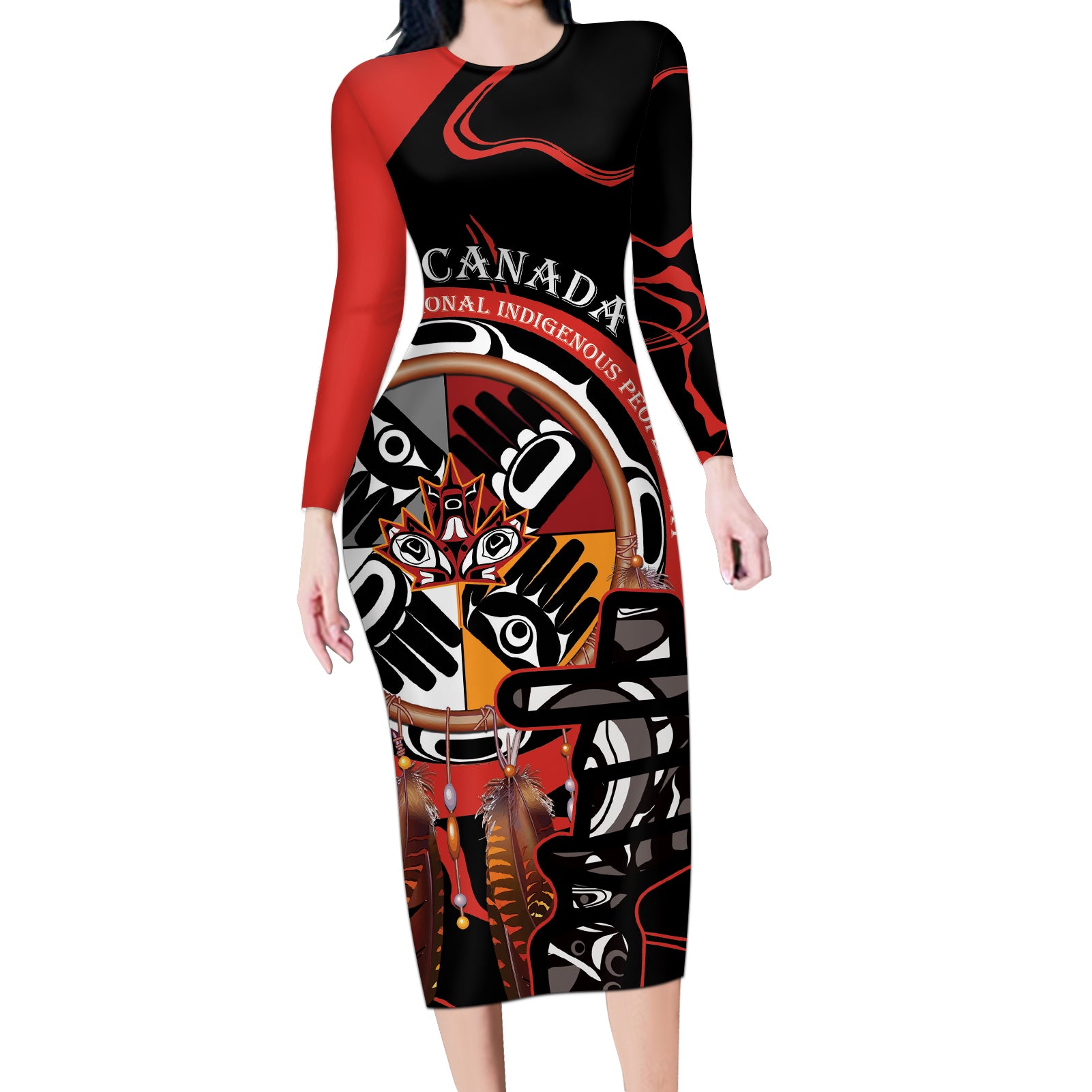 Canada National Aboriginal Day Long Sleeve Bodycon Dress Indigenous Peoples Inuksuit With Dreamcatcher - Wonder Print Shop