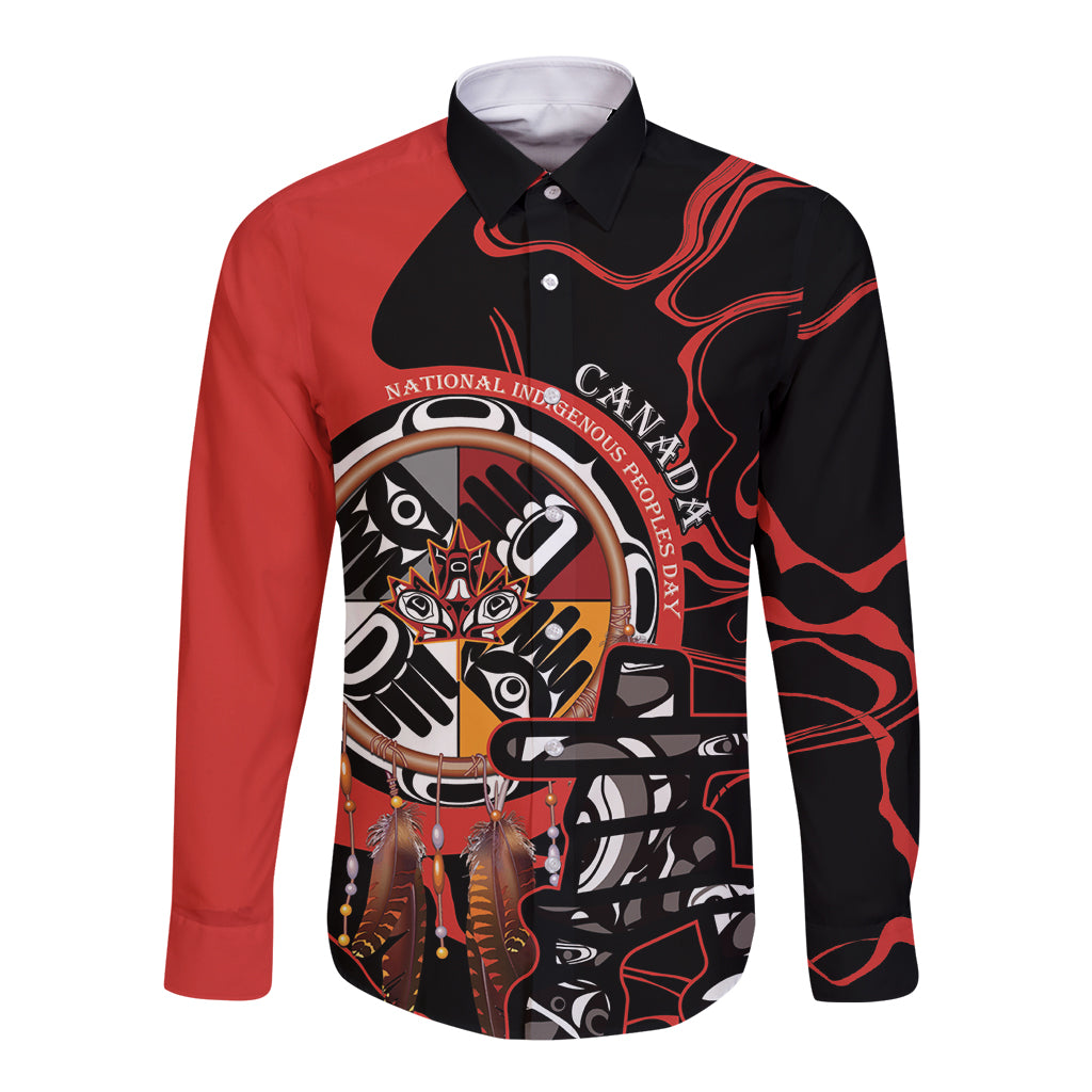 Long sleeve button shirt in red and black, chest graphic with button placket detail
