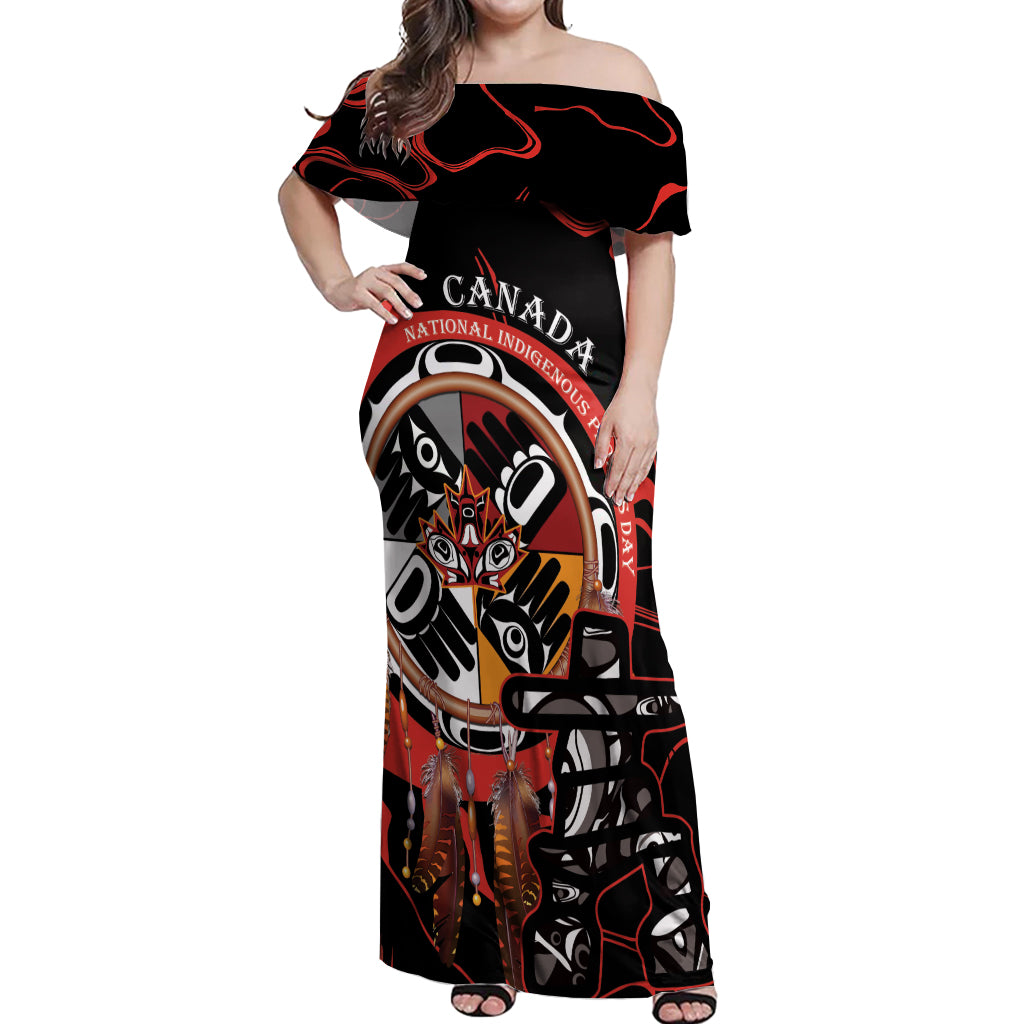 Canada National Aboriginal Day Off Shoulder Maxi Dress Indigenous Peoples Inuksuit With Dreamcatcher - Wonder Print Shop