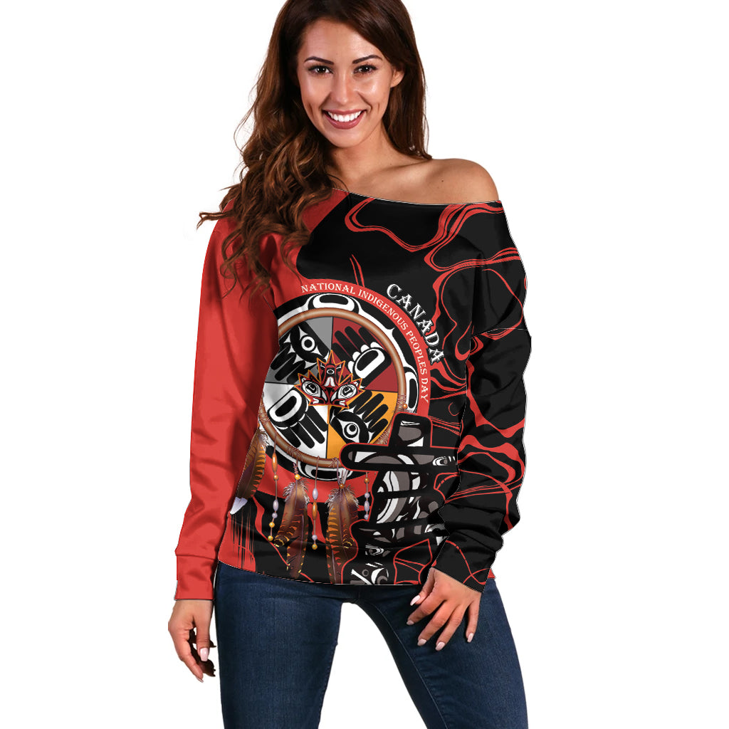 Canada National Aboriginal Day Off Shoulder Sweater Indigenous Peoples Inuksuit With Dreamcatcher - Wonder Print Shop