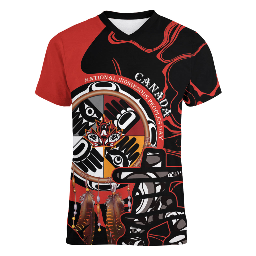 Canada National Aboriginal Day Women V-Neck T-Shirt Indigenous Peoples Inuksuit With Dreamcatcher