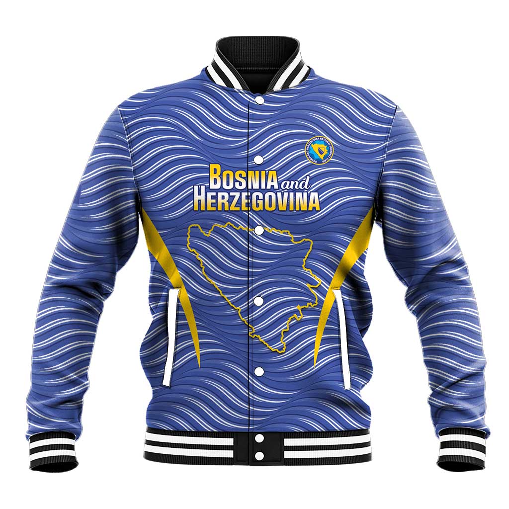 Blue baseball jacket with wavy stripes, stand collar, ribbed cuffs, front crest graphic.