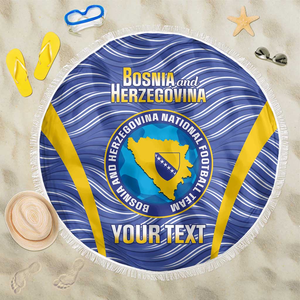 Round blue Bosnia and Herzegovina beach blanket with yellow stripes, crest, fringed edge