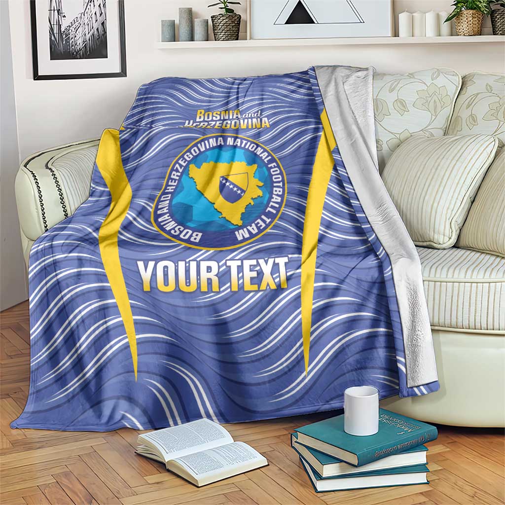 Blue football blanket with Bosnia and Herzegovina crest, yellow trim, and custom text.
