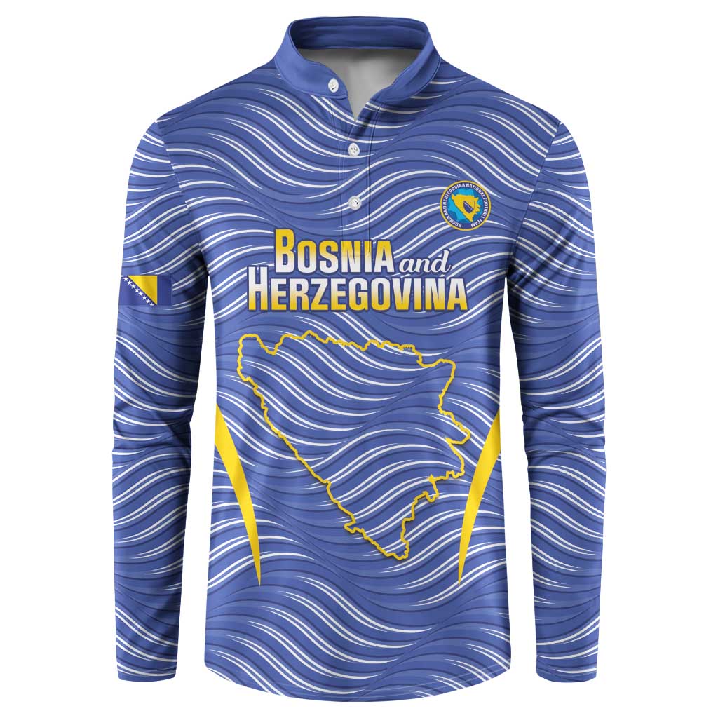 Blue long-sleeve button sweatshirt with Bosna i Hercegovina graphic and wave stripes