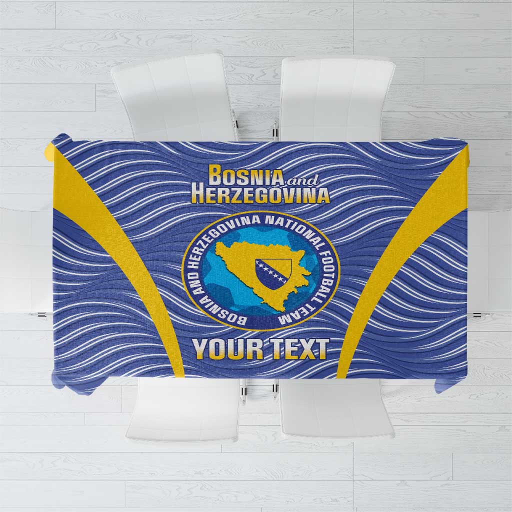 Blue Bosnia and Herzegovina football tablecloth with emblem and gold trim, custom text area