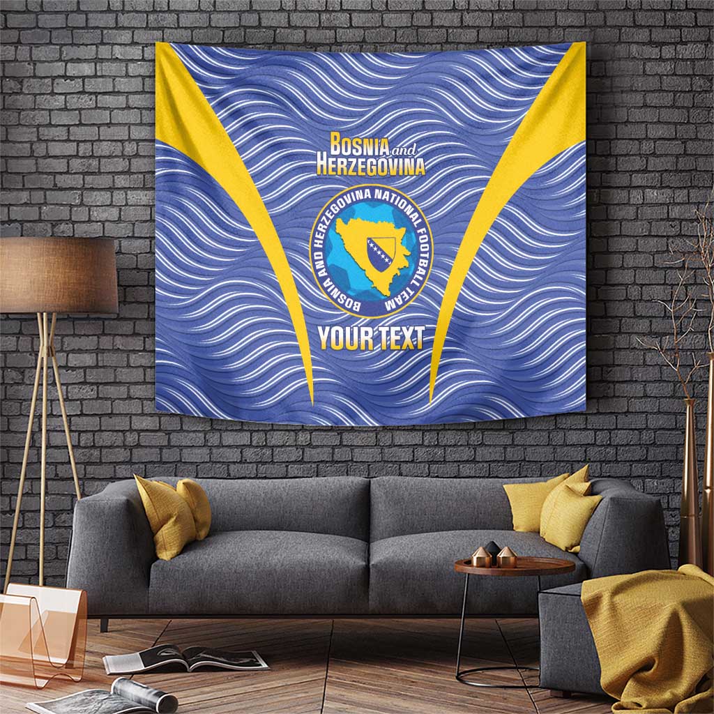 Blue tapestry with yellow diagonal borders, crest logo and 'YOUR TEXT' center
