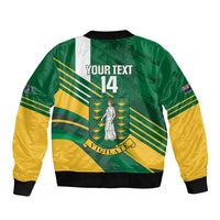 Green and yellow bomber jacket back with YOUR TEXT, 14, and crest panel