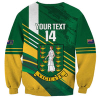 Green football sweatshirt back with 'YOUR TEXT 14', crest graphic, and diagonal flag stripes