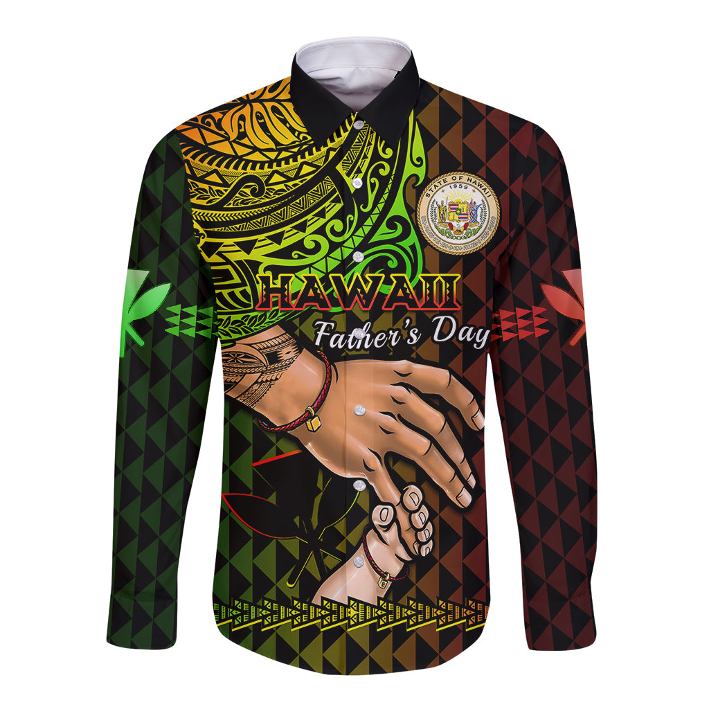 Unisex long-sleeve button shirt in dark tones, geometric print with Hawaii hands graphic