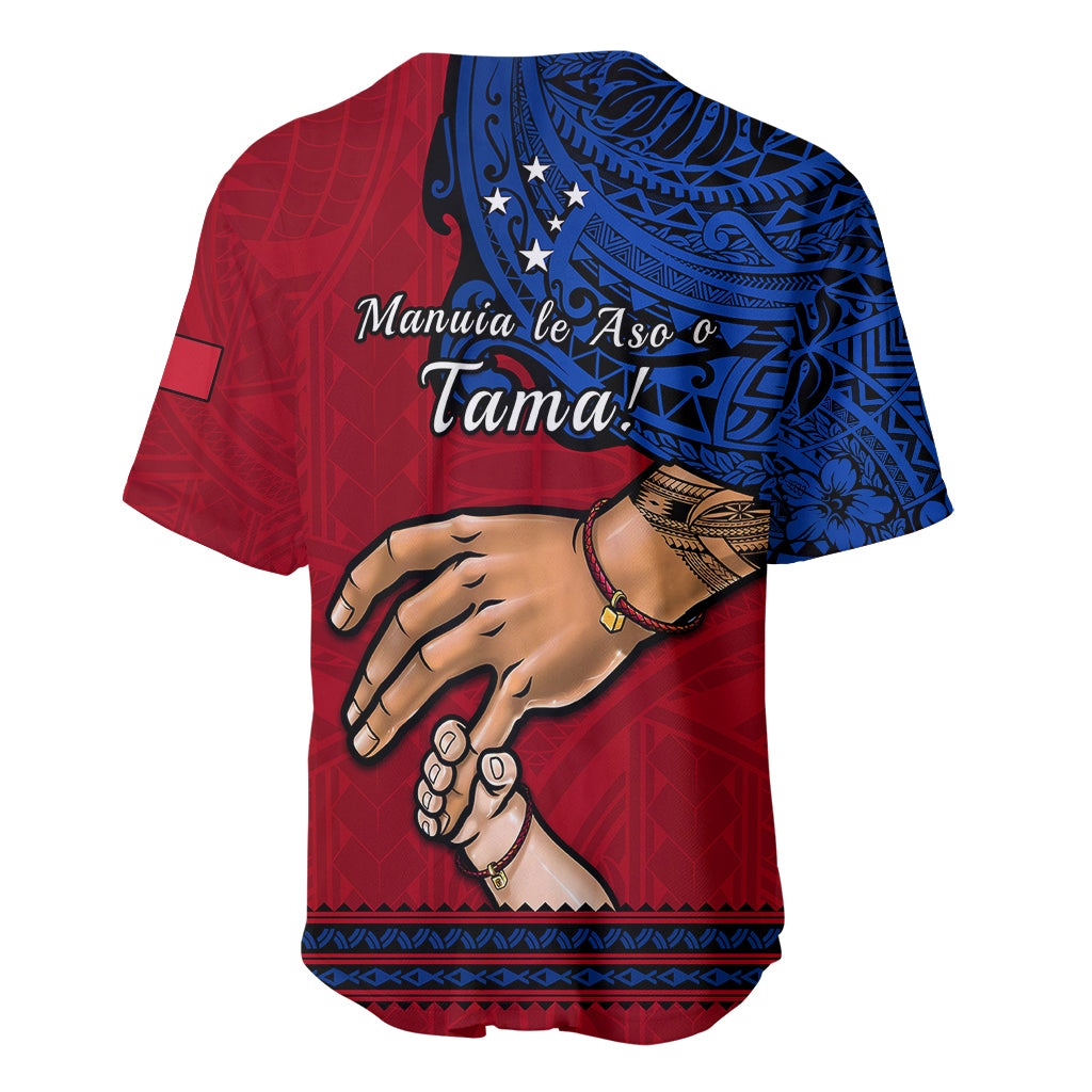 Red Samoa baseball jersey back with blue pattern, Manuia le Aso o Tama text