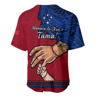 Red Samoa baseball jersey back with blue pattern, Manuia le Aso o Tama text