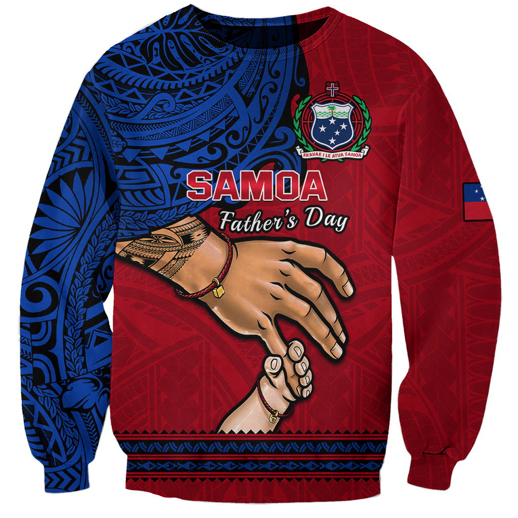 Red crewneck sweatshirt with blue Polynesian patterns, 'SAMOA' and Father's Day graphic