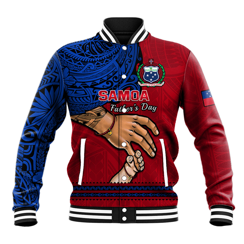 Red baseball jacket with blue patterned sleeves, ribbed collar, and father’s day graphic