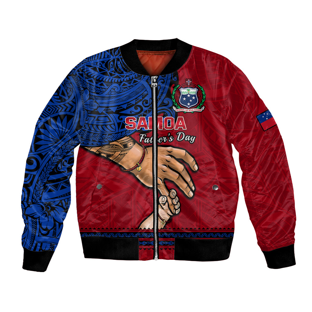 Red and blue bomber jacket with zip front, ribbed cuffs, and front graphic