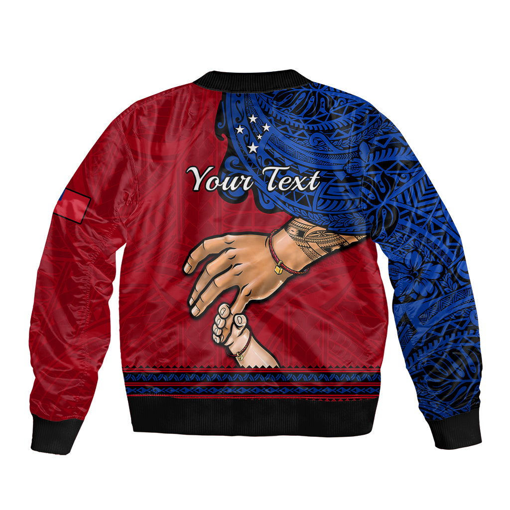 Red and blue bomber jacket back with 'Your Text' and hand graphic, ribbed hem