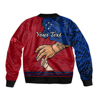 Red and blue bomber jacket back with 'Your Text' and hand graphic, ribbed hem