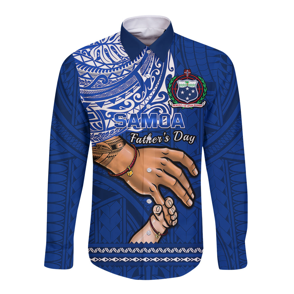 Blue long-sleeve button shirt with Samoan-style tribal graphic print and hands motif