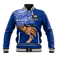 Blue baseball jacket with Samoan graphic, ribbed collar and striped cuffs, button front