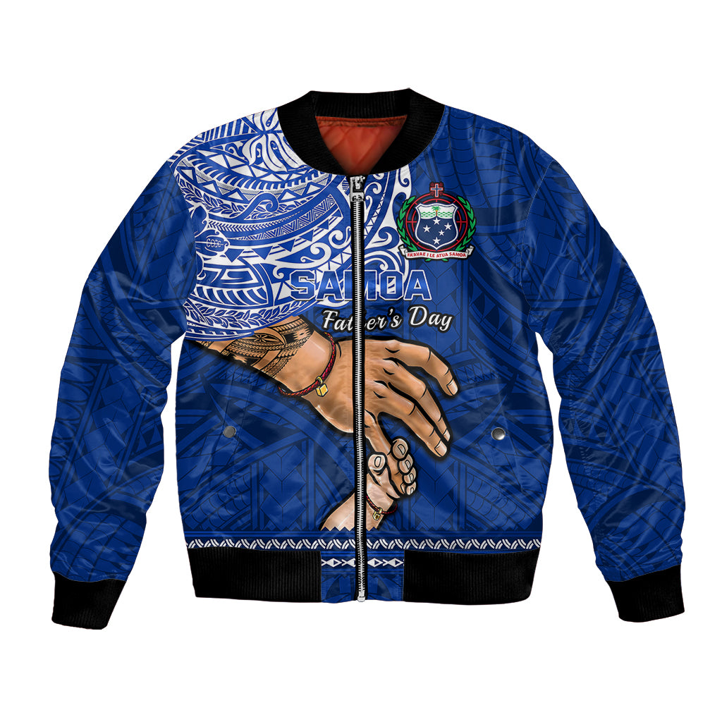 Blue bomber jacket with Father’s Day print, zip-front, black ribbed cuffs and hem