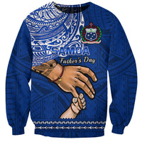 Blue crewneck sweatshirt with Samoa-themed graphic and Father’s Day print on front.