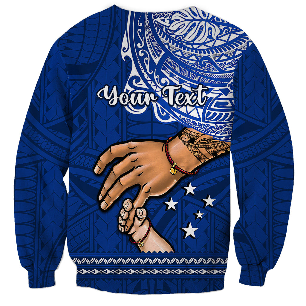 Blue crewneck sweatshirt with Samoa-themed graphic, stars, and text on back.