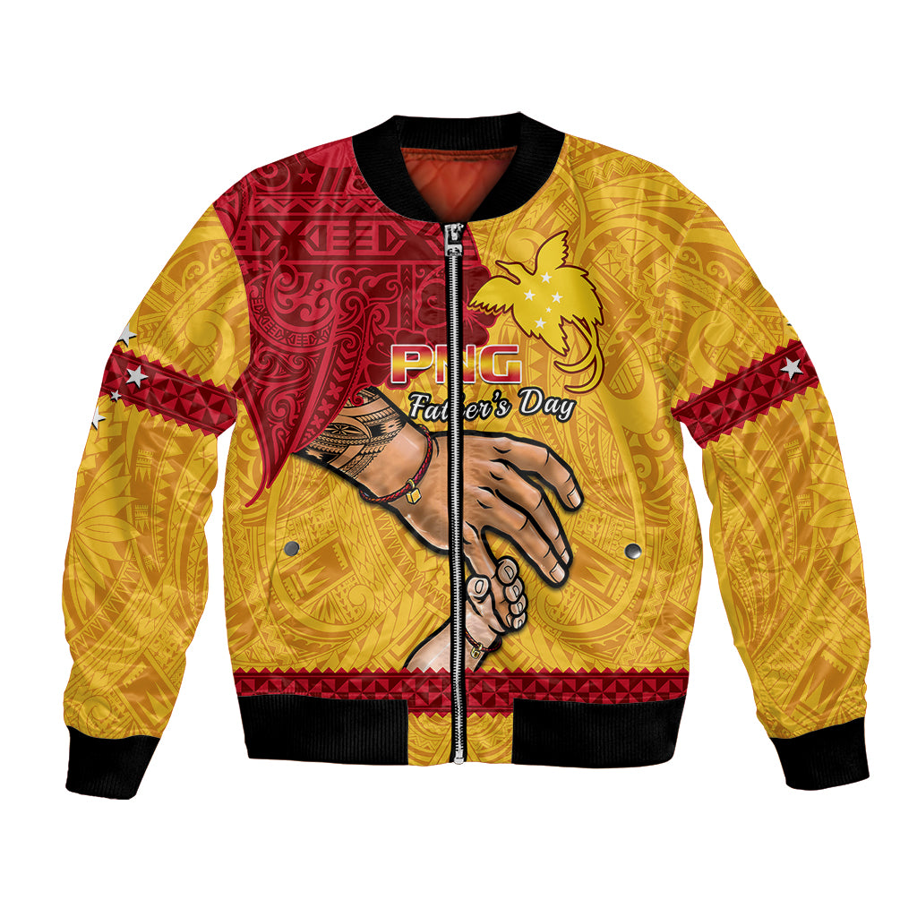 Yellow bomber jacket with red patterned sleeves, front zipper, graphic Dad-themed patch