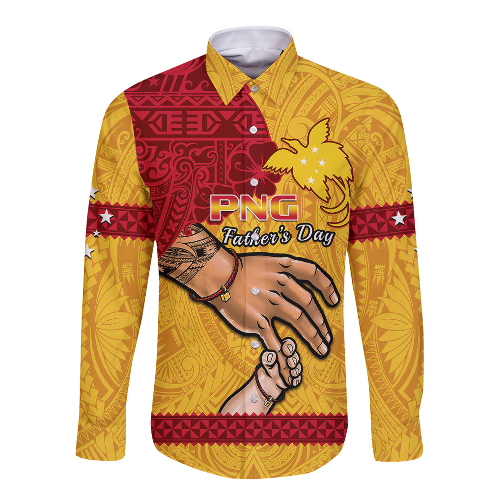Yellow long-sleeve button shirt with red tribal panel and PNG Father's Day graphic