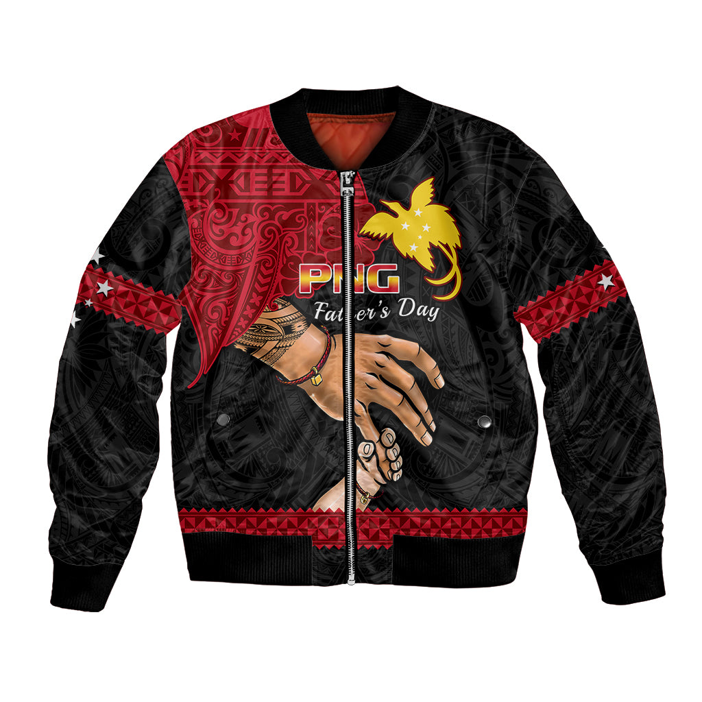 Black bomber jacket with red geometric panel, hands graphic, and 'PNG Father's Day' text