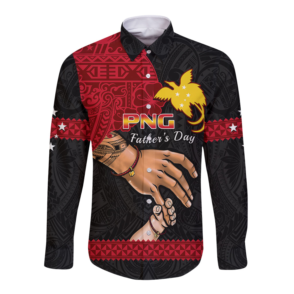 Black long-sleeve button shirt with PNG Father's Day graphic and hands design