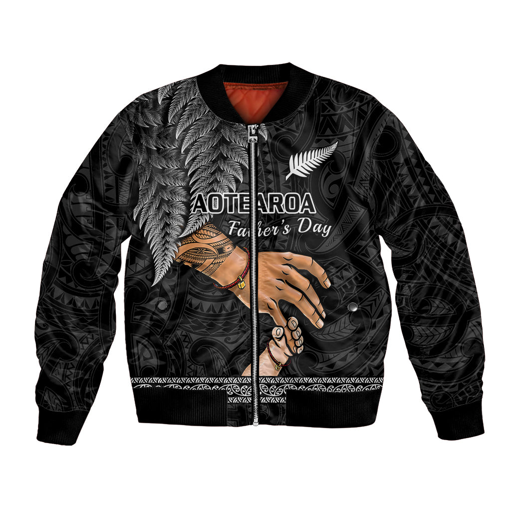 Black bomber jacket with zip, Maori fern and Aotearoa Father's Day graphic