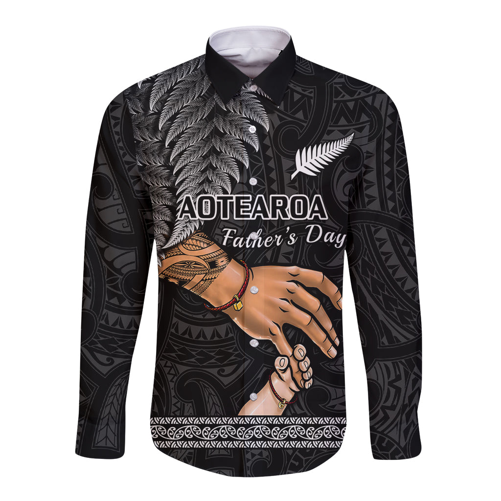 Black long sleeve button shirt with Maori-style fern and AOTEAROA Father's Day print