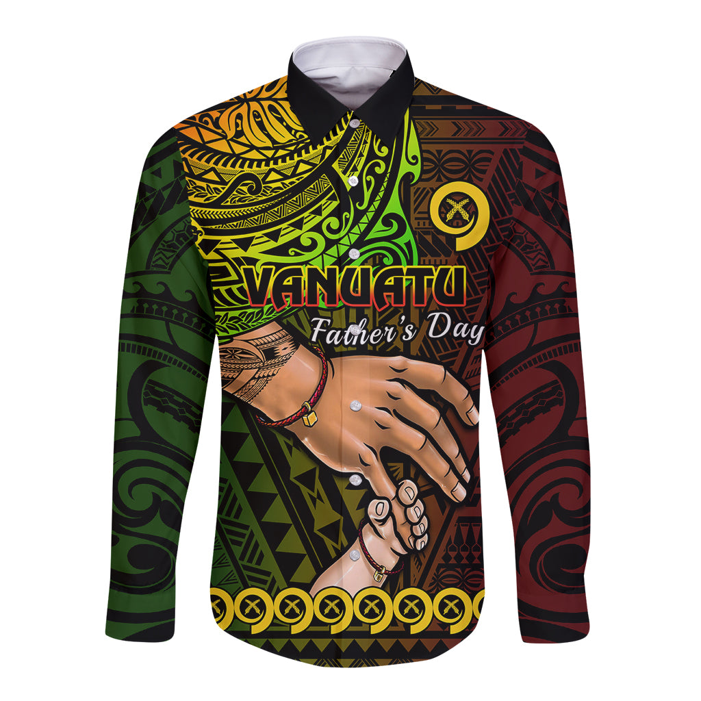 Unisex long sleeve button shirt, black collar, multicolor tribal print with 'Vanuatu Father's Day'.