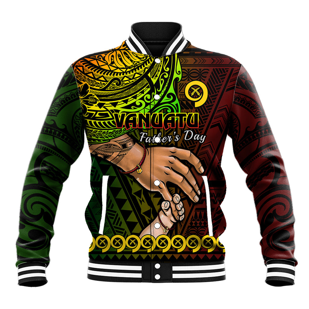 Multicolor Vanuatu-pattern baseball jacket, black ribbed collar and cuffs, front graphic