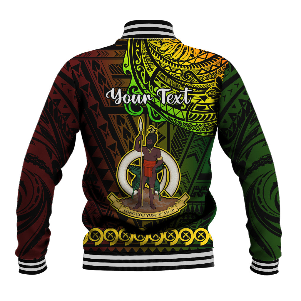 Multicolor Vanuatu-pattern baseball jacket, back graphic with customizable text, ribbed cuffs