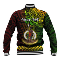 Multicolor Vanuatu-pattern baseball jacket, back graphic with customizable text, ribbed cuffs