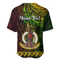 Colorful Vanuatu baseball jersey, back view with tall figure graphic and gold trim border