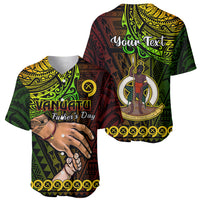 Colorful Vanuatu baseball jersey shown front and back with green and maroon tribal patterns