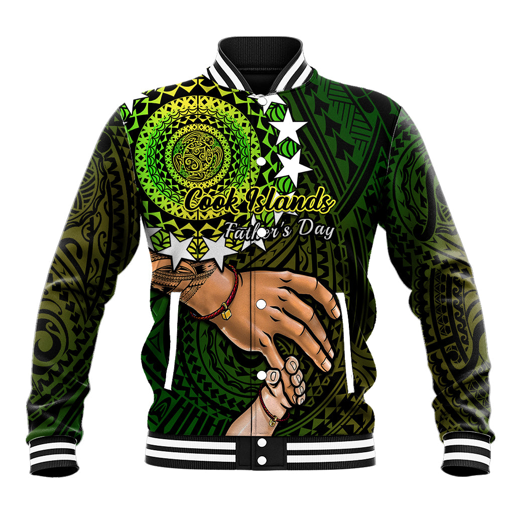 Green baseball jacket with striped collar and cuffs, star accents, and turtle graphic