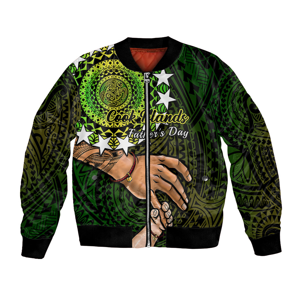 Green bomber jacket with zip front, ribbed cuffs, and turtle pattern graphic