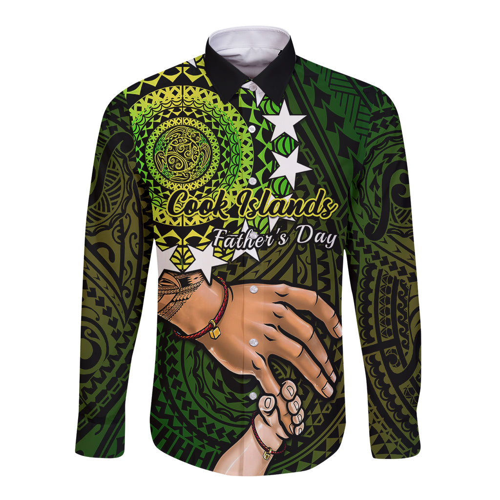 Green long-sleeve button shirt with geometric Kuki Airani-inspired turtle print