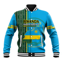 Blue baseball jacket with button front, striped collar, and Rwanda Independence graphic