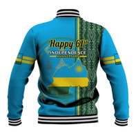 Blue baseball jacket back with Happy 61st Independence text, map graphic, striped cuffs