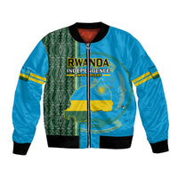Blue bomber jacket with green geometric pattern, Rwanda Independence graphic, zip front