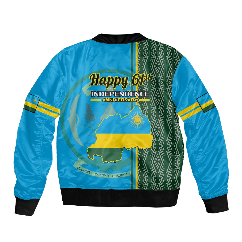 Blue bomber jacket with Happy 61st Independence back print, green patterned side panel